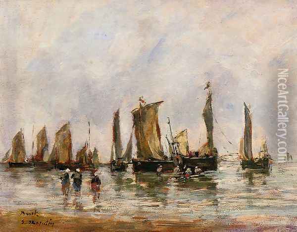 Fishing Boats at Berck Oil Painting - Eugene Boudin