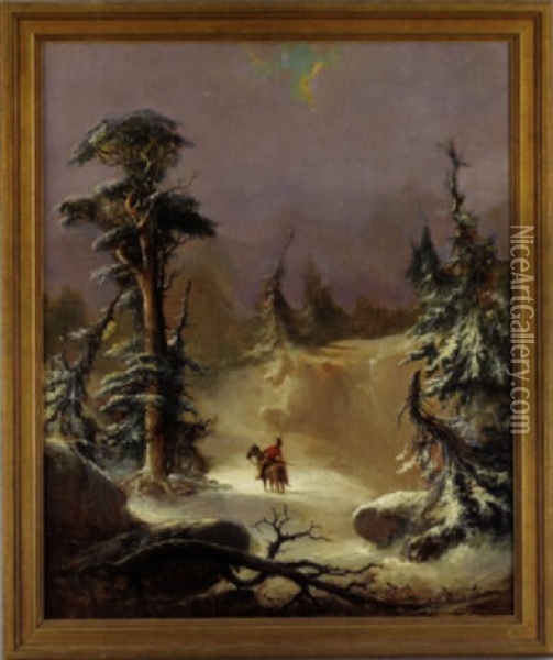Winter Landscape With Central Indian Scout On Horseback Oil Painting - Franklin Dullin Briscoe