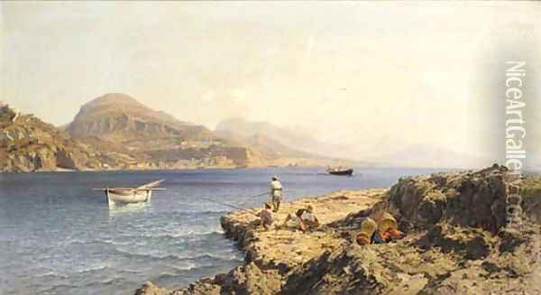 Fishermen on a rocky island off Capri Oil Painting - Friedrich Nerly