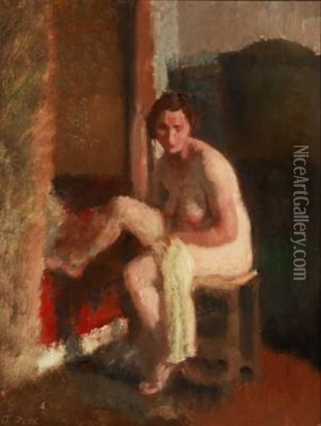 A Nude Female Model Sitting On A Stool Oil Painting - Julius Paulsen