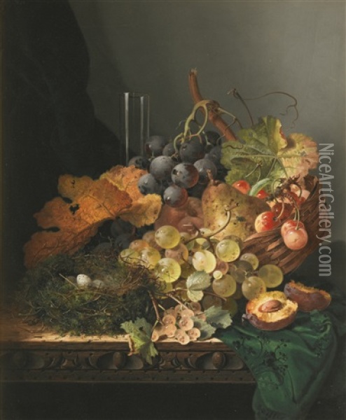 Still Life With A Bird's Nest, Peaches And A Glass Vase With Bunches Of Cherries And Grapes In A Basket Oil Painting - Edward Ladell