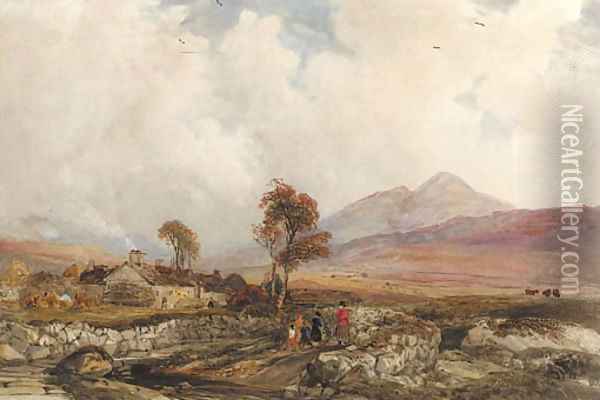 An extensive landscape with figures on a track and buildings beyond, Wales Oil Painting - Peter de Wint