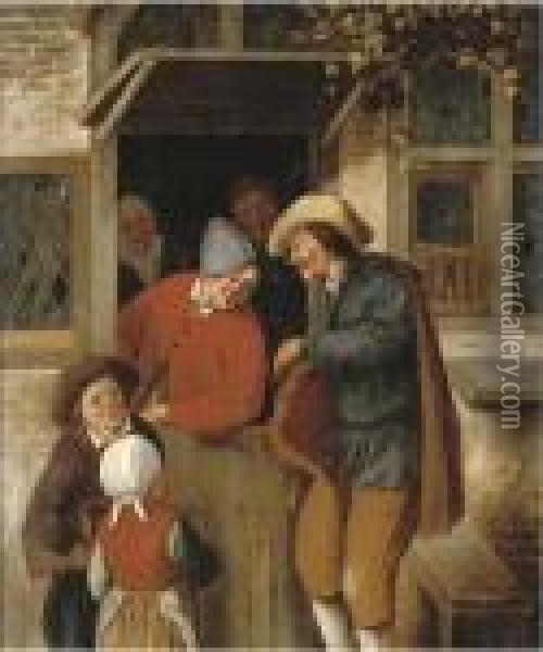 A Peddlar At A Doorway Oil Painting - Cornelis Dusart