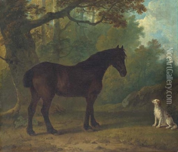 A Bay Cob And A Spaniel In A Wooded Landscape (collab. W/george Barret) Oil Painting - Sawrey Gilpin