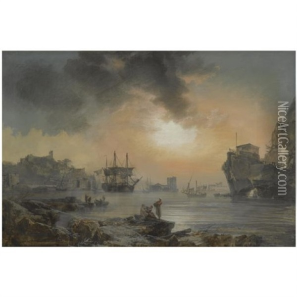 A Harbour Scene With Figures Cavorting In The Foreground And Ships Docking Beyond Oil Painting - Alexandre Jean Noel