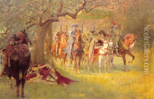 How Four Queens Found Sir Lancelot Sleeping Oil Painting - William Frank Calderon