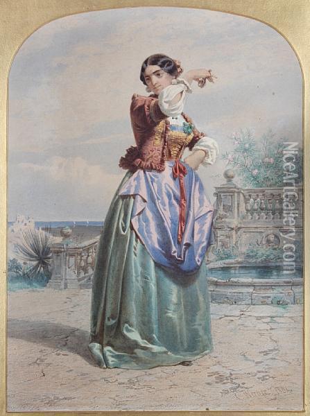 A Spanish Lady, Dancing On A Terrace Withcastanets Oil Painting - Carl Friedrich H. Werner