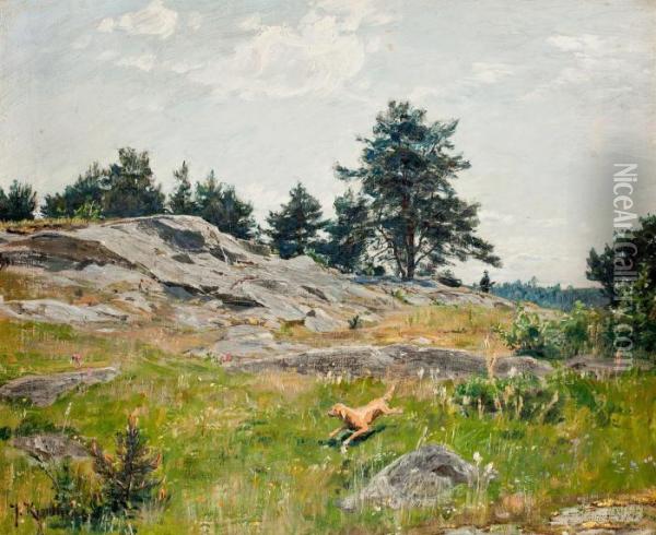 Summer Landscape With Hunter Oil Painting - Johan Krouthen