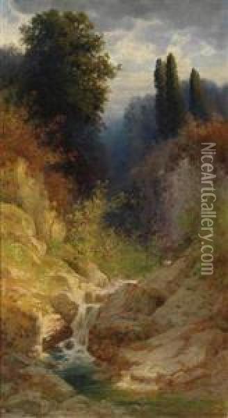 Woodland Landscape With Running Stream Oil Painting - Hermann Traugott Rudisuhli