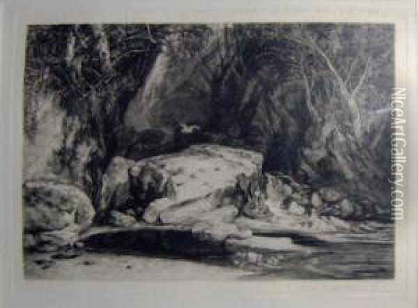 'wooded Glade With Pool', Etching, 27.5cm X 38cm, Signed Oil Painting - Frank Short