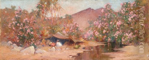 Campement Au Bord De L'oued De Bou Saada Oil Painting - Eugene F. A. Deshayes