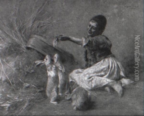 Boy Feeding Rabbits Oil Painting - Geza Peske