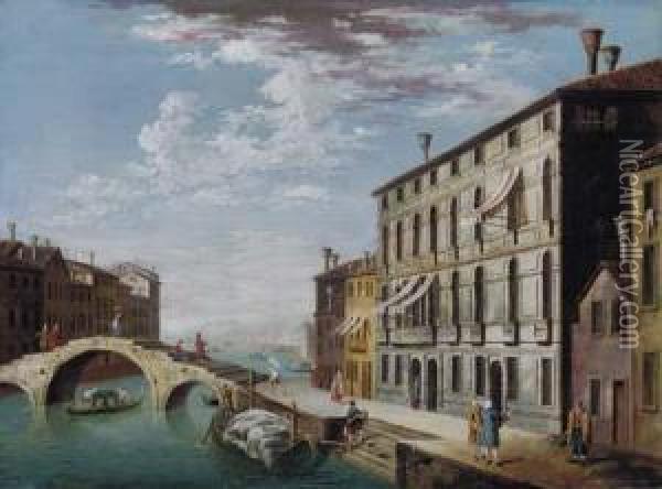 A Venetian Canal With A Bridge And Figures On The Quay Oil Painting - Jacopo Fabris Venice