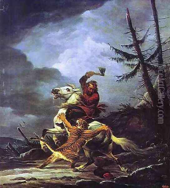 Cossack Fighting off a Tiger Oil Painting - Aleksander Orlowski