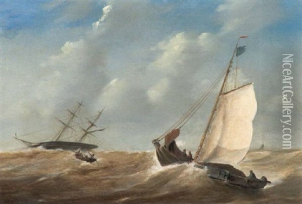 Marine. Segel- Und Ruderboote In Aufgewuhlter See Oil Painting - Johannes Christiaan Schotel