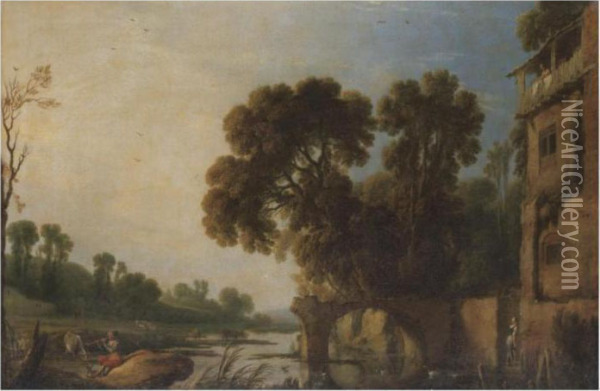 A Classical River Landscape With A Piper Playing In The Foreground Oil Painting - Pierre-Antoine Patel