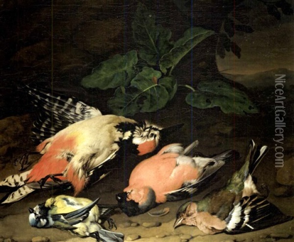 Nature Morte Aux Oiseaux (+ Another, Similar; Pair) Oil Painting - Philipp Ferdinand de Hamilton