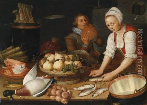 A Large Kitchen Still Life With A Maid And A Gentleman Oil Painting - Pieter Cornelisz. Van Ryck