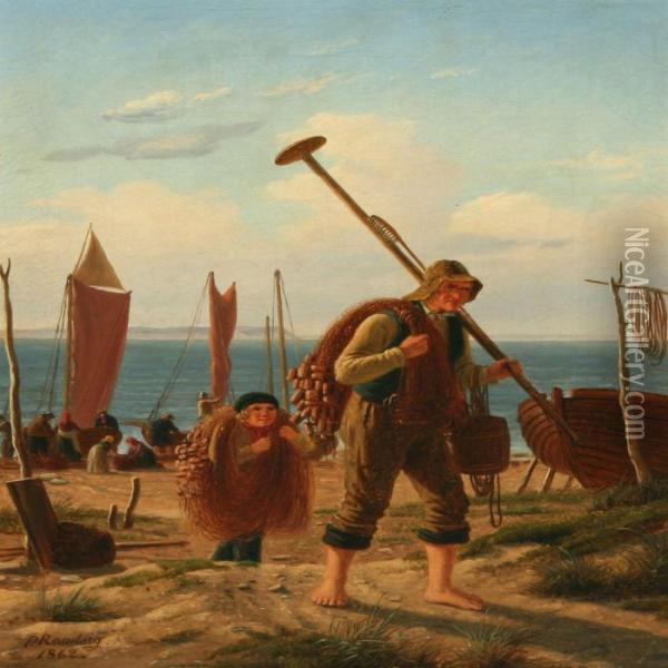 Fishermen On The Beach Oil Painting - Peter Johann Raadsig