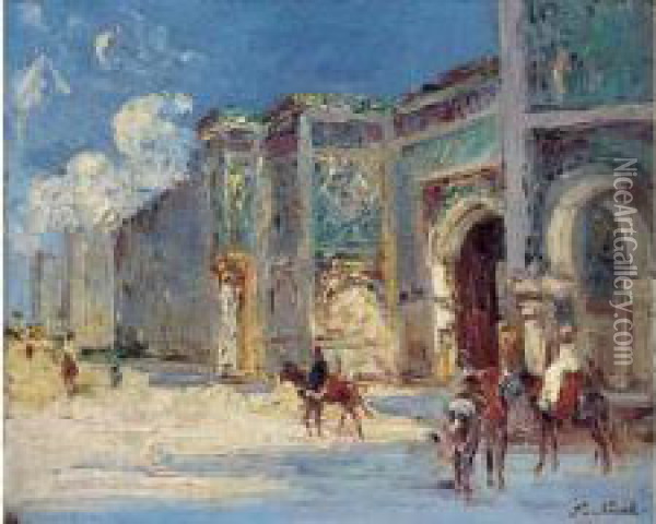 Devant Les Remparts De Meknes. Oil Painting - Francois Nicot