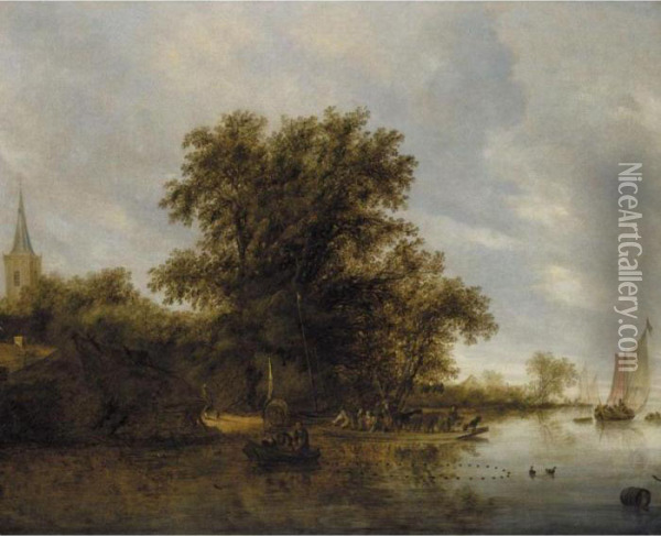River Landscape With A Cattle Ferry Oil Painting - Salomon van Ruysdael