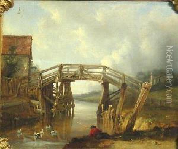 A River Landscape With A Figure Fishing Near A Bridge Oil Painting - William Wilson