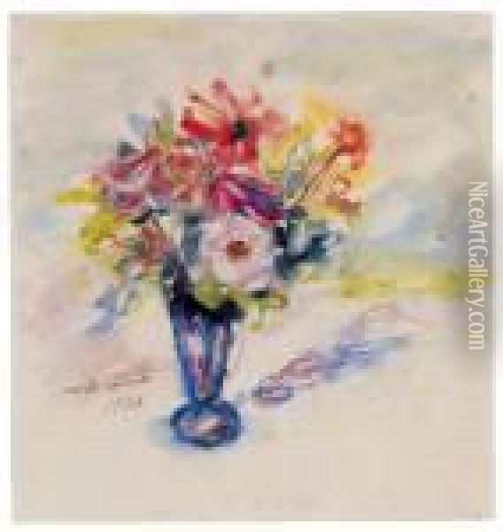 Blaue Vase Mit Anemonen, 
Signiert, Datiert Lovis Corinth 1920, Aquarell Auf Papier, 31 X 29,5 Cm,
 Passep., Gerahmt Oil Painting - Lovis (Franz Heinrich Louis) Corinth