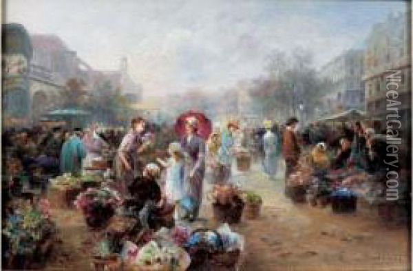 Le Marche Aux Fleurs A Paris Oil Painting - Emil Barbarini