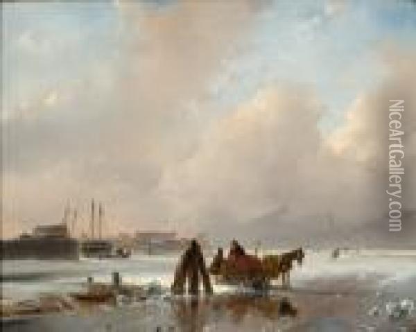 Two Figures On The Ice With A Horse And Sledge Oil Painting - Andreas Schelfhout