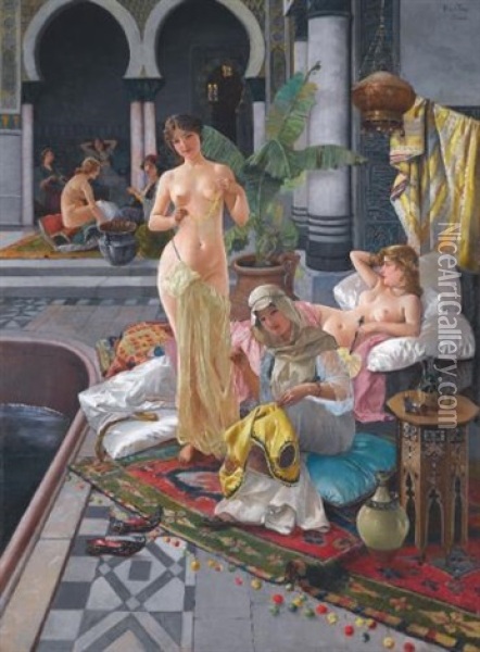 In A Persian Bath Oil Painting - Blas Olleros Y Quintana