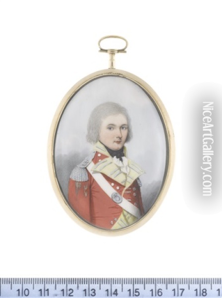 An Officer, Wearing Scarlet Coat With Pale Yellow Facings And Standing Collar, Silver Epaulettes, His White Cross-belt Bearing Oval Regimental Belt-plate Worn Over His Right Shoulder Oil Painting - Frederick Buck