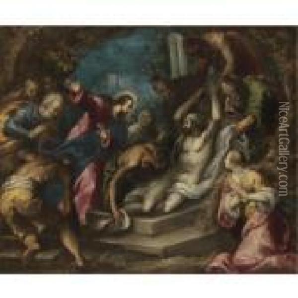 The Raising Of Lazarus Oil Painting - Acopo D'Antonio Negretti (see Palma Giovane)