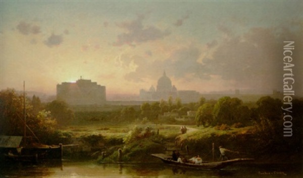 Rome At Sunset With St. Peters And The Castel Sant'angelo Oil Painting - Antoine Claude Ponthus-Cinier