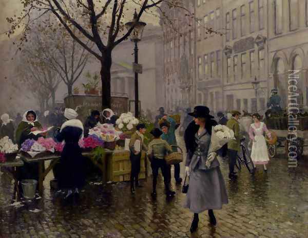 Fischer Gustave The Flower Market Copenhagen Oil Painting - Fisher Paul