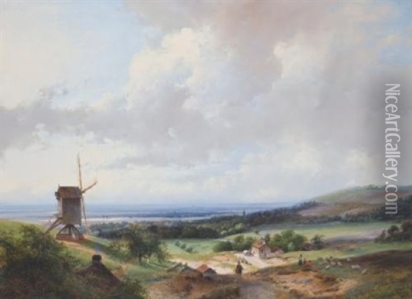 Shepherds And A Horseman By A Mill, Haarlem In The Background Oil Painting - Andreas Schelfhout
