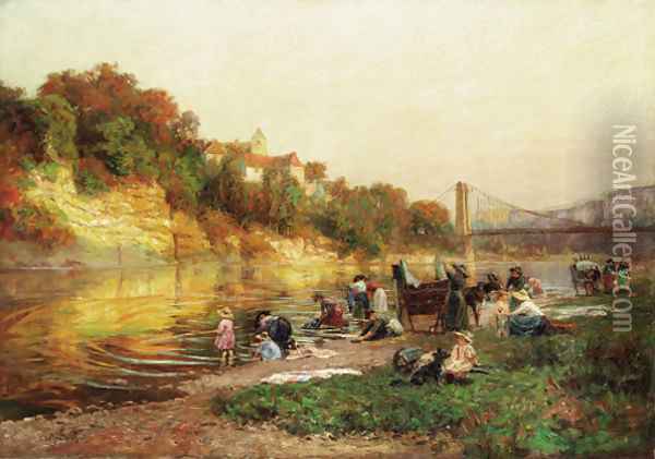 Washerwomen along the river Oil Painting - Francois-Richard De Montholon