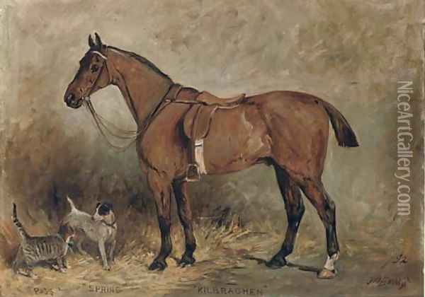 Kilbrachen, a saddled hunter with Puss, a kitten and Spring, a Jack Russell terrier Oil Painting - John Emms
