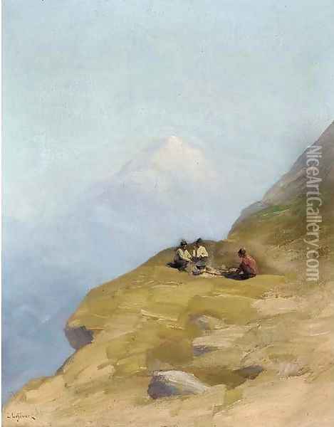Sherpas round a campfire on a Himalayan mountainside Oil Painting - Lucien Lefevre