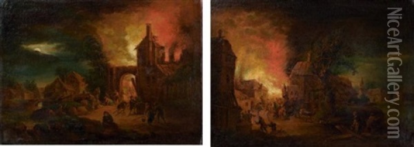 Incendies Nocturnes (pair) Oil Painting - Johann Georg (Georges) Trautmann