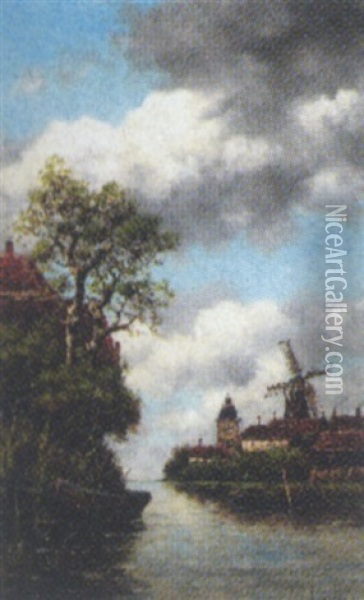 Hollandsk Landskab Med By Og Molle Ved Kanal Oil Painting - Hermanus Koekkoek the Younger