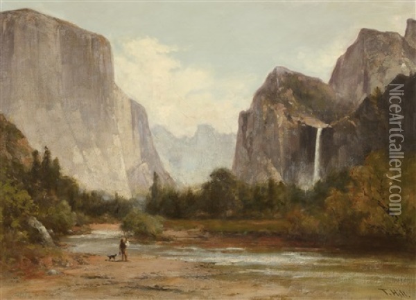 Fishing In Yosemite Valley Oil Painting - Thomas Hill
