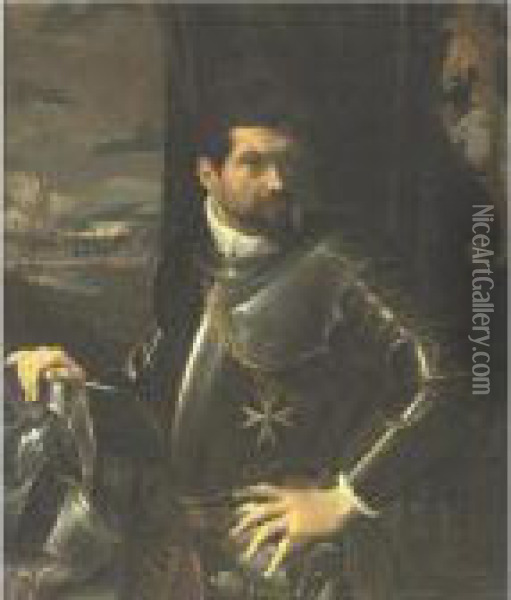Portrait Of Carlo Alberto Rati 
Opizzoni In Armour, Three-quarter Length Standing, Wearing The Order Of 
The Knights Of Malta, A View Of The City Of Bologna Beyond Oil Painting - Lodovico Carracci