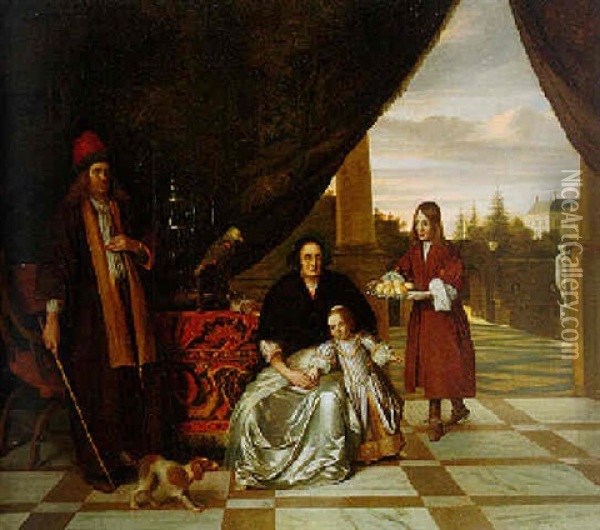 Portrait Of A Family On A Terrace Oil Painting - Pieter De Hooch