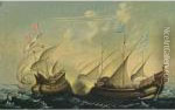 A Naval Battle Scene Between An Ottoman Man-of-war And A Galley Oil Painting - Cornelis Hendricksz. The Younger Vroom