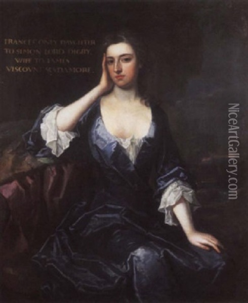 Portrait Of Frances, Daughter Of Simon, Lord Digby, And Wife Of James, Viscount Scudamore, In A Blue Dress, A River Landscape Beyond Oil Painting - Charles Jervas