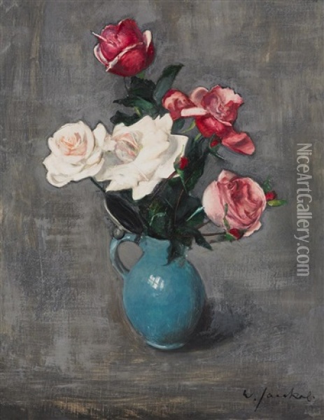 Rosen In Blauem Tonkrug Oil Painting - Willi Jaeckel