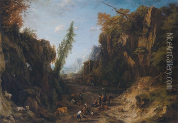 Bewaldete Gebirgslandschaft Mit Hirtenstaffage Oil Painting - Cornelis Huysmans