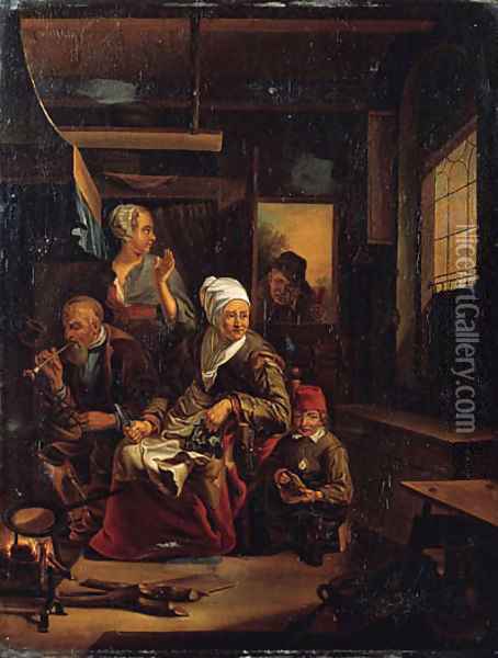 An old woman baking pancakes on an open fire, an old man smoking a pipe and a child nearby, in a kitchen Oil Painting - Cornelius de Visscher