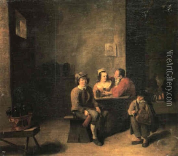 An Interior Of A Tavern With An Amorous Couple Seated At A  Table With Another Companion And A Hurdy-gurdy Player, Oil Painting - Matheus van Helmont