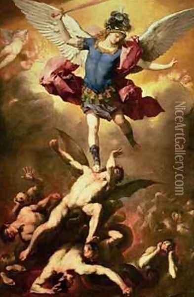 Archangel Michael overthrows the rebel angel Oil Painting - Luca Giordano